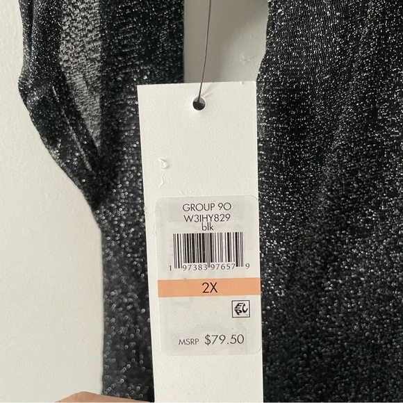 NWT New Calvin Klein Woman Black Metallic Thread Tie Side Long Sleeve Top 2X - Picture 5 of 6